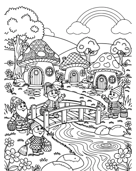 Gnome Mushroom Village coloring page
