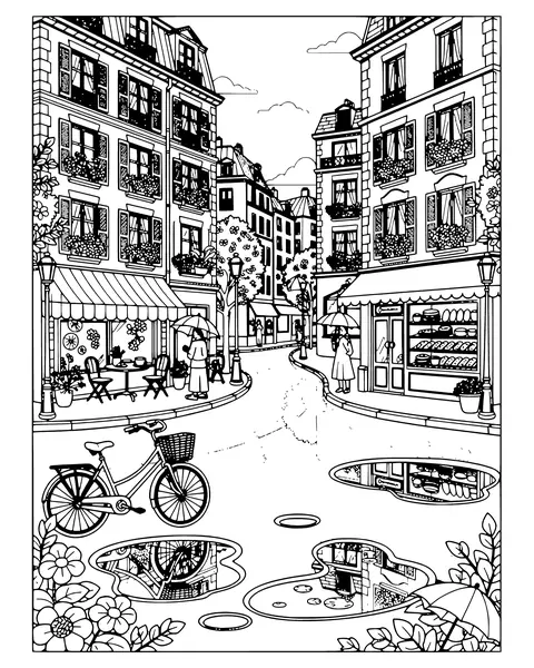 Rainy Paris Street coloring page