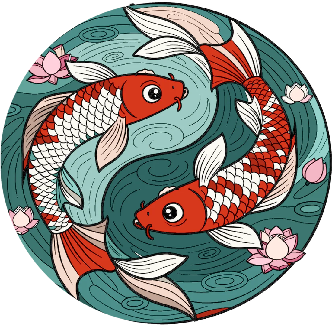 Un dibujo de koi yin y yang, mitad dibujo de línea y mitad pintado